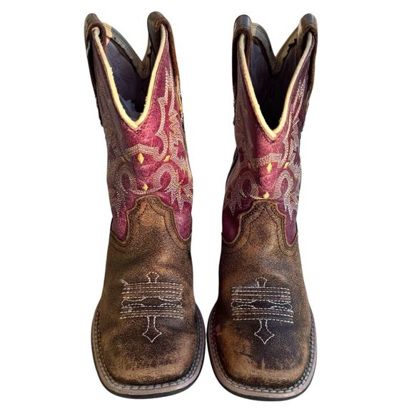 Ariat Western Boots Girls 10 Purple Leather Tombstone Wide Square Toe Embroidery - Picture 3 of 13